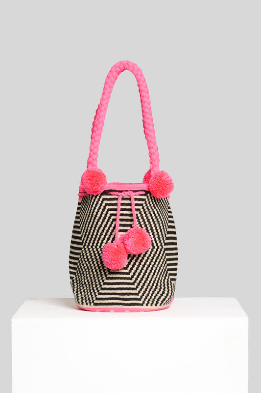Mochila Optical con pompom rosa fluo